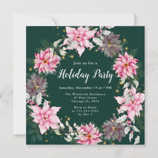 Roze Poinsettia krans feestdag Kaart (Voorkant)