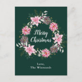 Roze Poinsettia Krans Vrolijk Kerstfeest Feestdagenkaart (Voorkant)