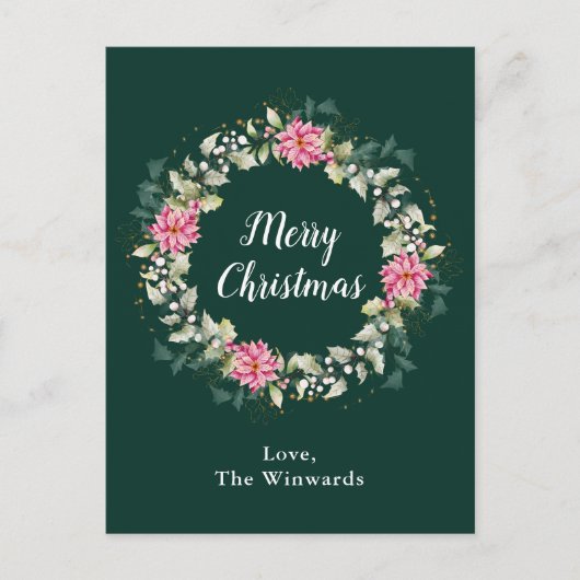 Roze Poinsettia Krans Vrolijk Kerstfeest Feestdagenkaart (Voorkant)