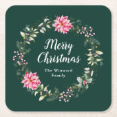 Roze Poinsettia Krans Vrolijk Kerstfeest Kartonnen Onderzetters (Voorkant)