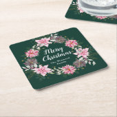 Roze Poinsettia Krans Vrolijk Kerstfeest Kartonnen Onderzetters (Schuin)