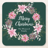 Roze Poinsettia Krans Vrolijk Kerstfeest Kartonnen Onderzetters (Voorkant)