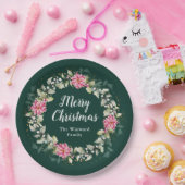 Roze Poinsettia Krans Vrolijk Kerstfeest Papieren Bordje (Feest)
