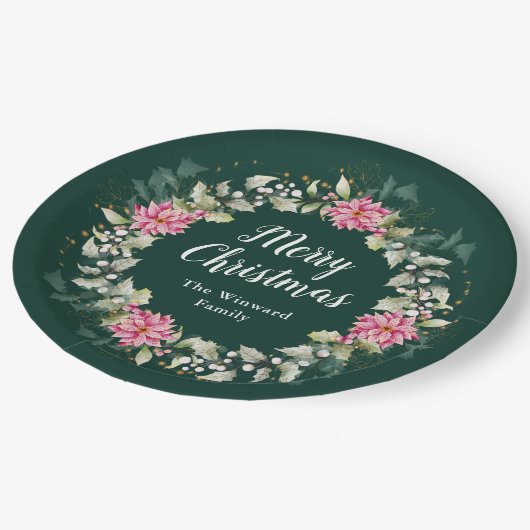 Roze Poinsettia Krans Vrolijk Kerstfeest Papieren Bordje (Gekanteld)