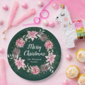 Roze Poinsettia Krans Vrolijk Kerstfeest Papieren Bordje (Feest)