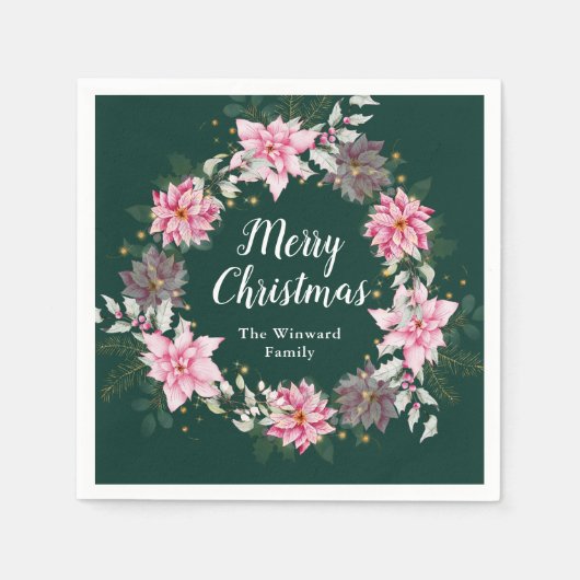 Roze Poinsettia Krans Vrolijk Kerstfeest Servet (Voorkant)