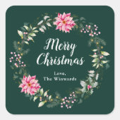 Roze Poinsettia Krans Vrolijk Kerstfeest Vierkante Sticker (Voorkant)