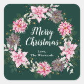 Roze Poinsettia Krans Vrolijk Kerstfeest Vierkante Sticker (Voorkant)