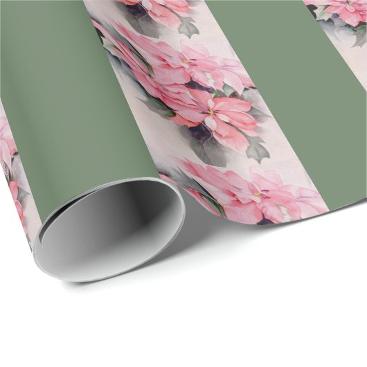 Roze Poinsettia Originele Waterverf Streep Cadeaupapier (Rol Hoek)