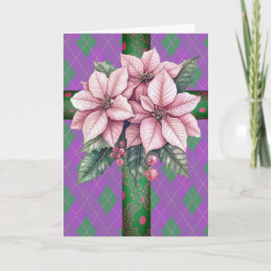 Roze Poinsettia Paarse Plaid Groen Kruis lint Kaart