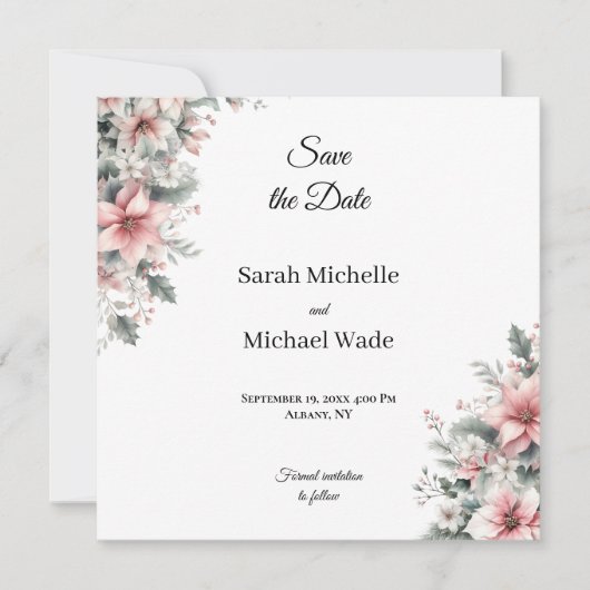 Roze Poinsettia Save the Date Uitnodiging (Voorkant)