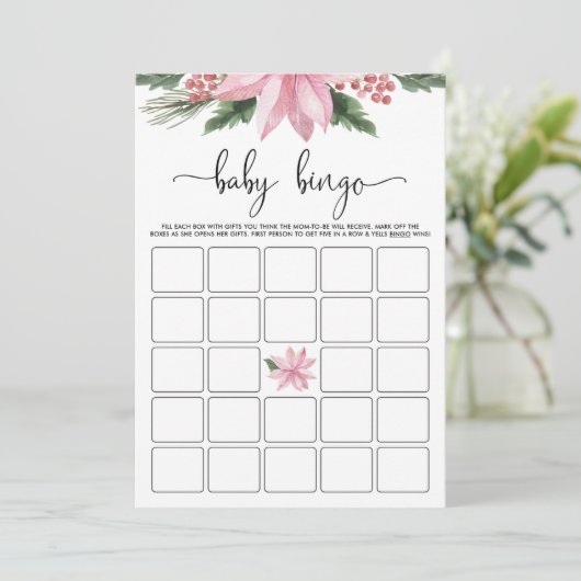 Roze Poinsettia Winter Baby shower Bingo Game Kaart (Staand voorkant)