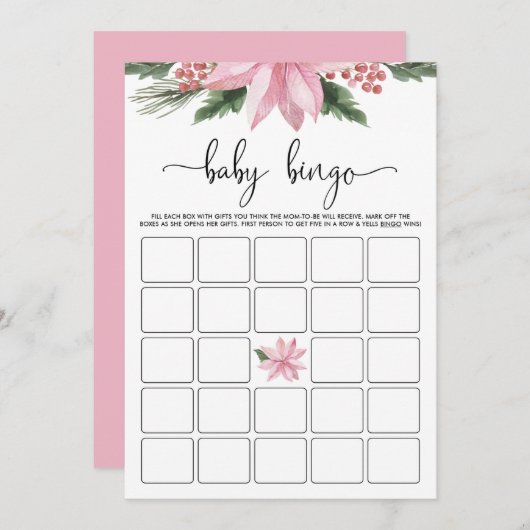 Roze Poinsettia Winter Baby shower Bingo Game Kaart (Voorkant / Achterkant)