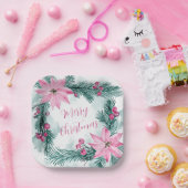 Roze Poinsettias Bloemen Kerst Papier Bord (Feest)