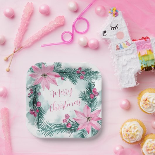 Roze Poinsettias Bloemen Kerst Papier Bord (Feest)