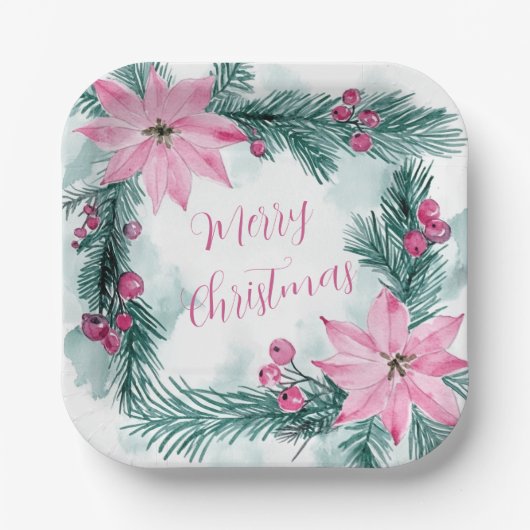 Roze Poinsettias Bloemen Kerst Papier Bord (Voorkant)