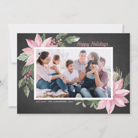 Roze Poinsettias Chalkboard Foto Prettige feestdag Feestdagenkaart (Voorkant)