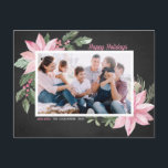 Roze Poinsettias Chalkboard Prettige feestdagen Fo<br><div class="desc">prettige feestdagen! Verstuur vakantiegroeten naar familie en vrienden met dit aanpasbare botanische briefkaart. Het bevat een afbeelding van de waterverf van roze poinsettias, bessen, katoen en hollies op een achtergrond van faux-alkboard. Personaliseer me door foto's en uw eigen teksten toe te voegen. Dit roze florale kerstbriefkaart is verkrijgbaar in verschillende...</div>