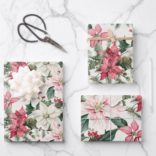 Roze Poinsettia's Elegante Kerst Inpakpapier Vel (Voorkant)