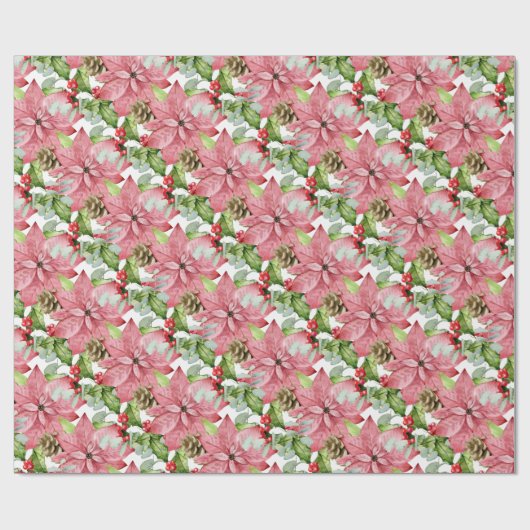 Roze Poinsettias en pijnbomen Cadeaupapier (Vlak)
