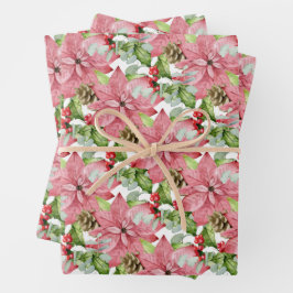 Roze Poinsettias en pijnbomen Inpakpapier Vel
