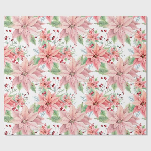 Roze Poinsettias-kerstbloempatroon Cadeaupapier (Vlak)