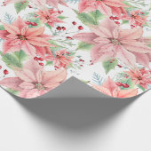 Roze Poinsettias-kerstbloempatroon Cadeaupapier (Hoek)