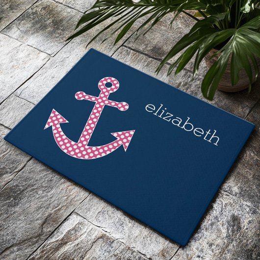 Roze poka Dot Anchor met Navy Custom Name Deurmat