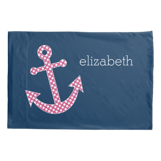 Roze poka Dot Anchor met Navy Custom Name Kussensloop (Achterkant)