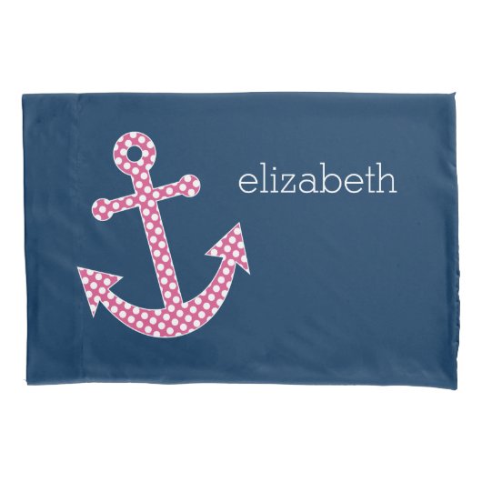 Roze poka Dot Anchor met Navy Custom Name Kussensloop (Voorkant)