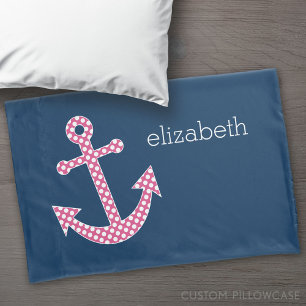 Roze poka Dot Anchor met Navy Custom Name Kussensloop