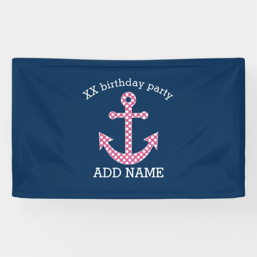 Roze poka Dot Anchor met Navy Custom Name Spandoek (Horizontaal)