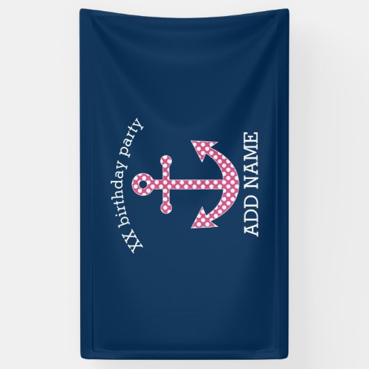 Roze poka Dot Anchor met Navy Custom Name Spandoek (Verticaal)