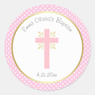 Roze poka Dot Baptisme met Grens en Goud Ronde Sticker