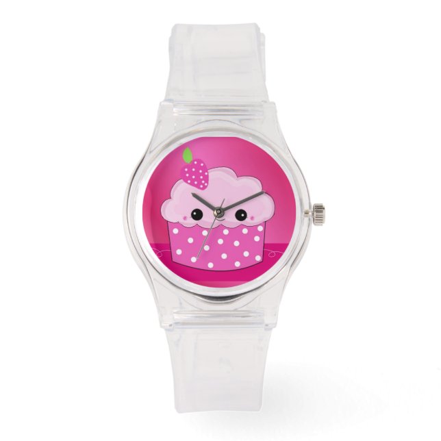 Roze poka Dot Face Cupcake Horloge (Voorkant)