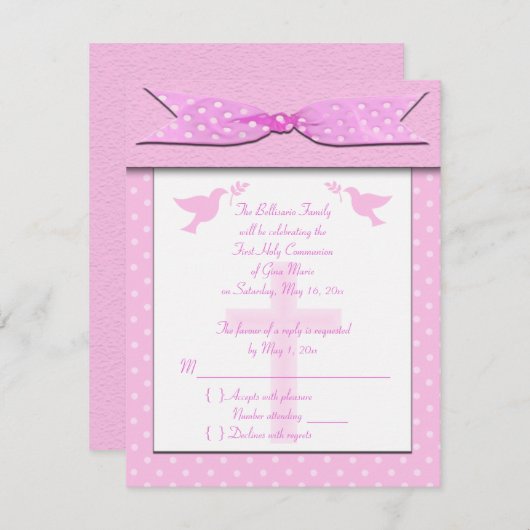 Roze poka Dot First Heilige Commune RSVP-kaart Kaart (Voorkant / Achterkant)