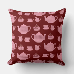 Roze poka Dot Tea set on Burgundy Pattern Kussen