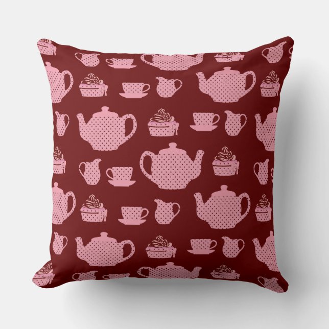 Roze poka Dot Tea set on Burgundy Pattern Kussen (Voorkant)