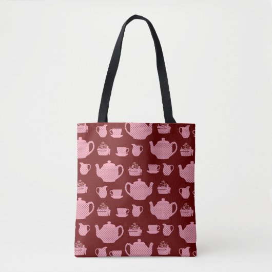 Roze poka Dot Tea set on Burgundy Pattern Tote Bag (Voorkant)