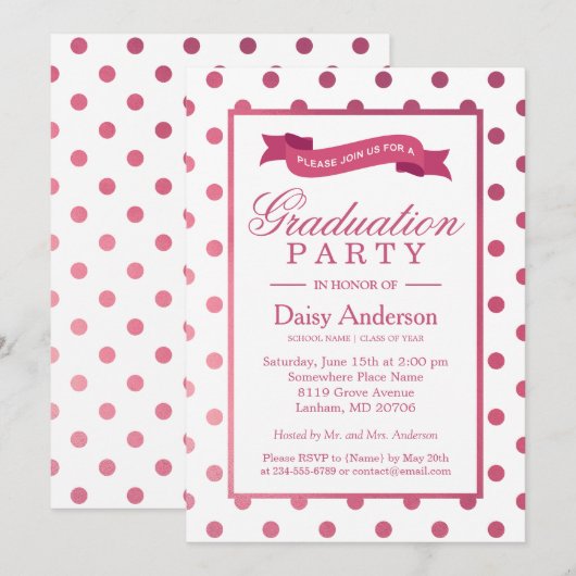 Roze poka Dots Afstudeerder Graduation Party Invit Kaart (Voorkant / Achterkant)
