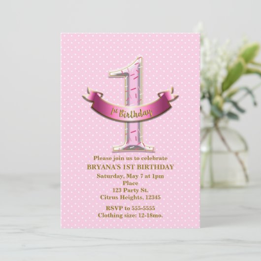 Roze poka Dots & Banner ONE 1st 1 Birthday Party Kaart (Staand voorkant)