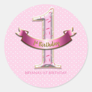 Roze poka Dots & Banner ONE 1st 1 Birthday Party Ronde Sticker
