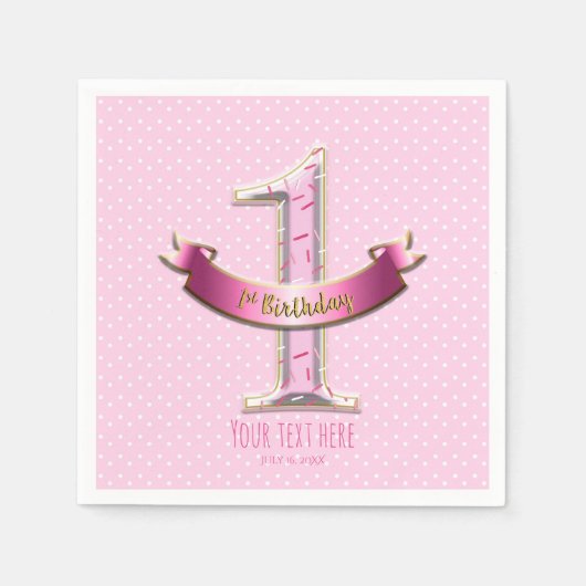 Roze poka Dots & Banner ONE 1st 1 Birthday Party Servetten (Voorkant)
