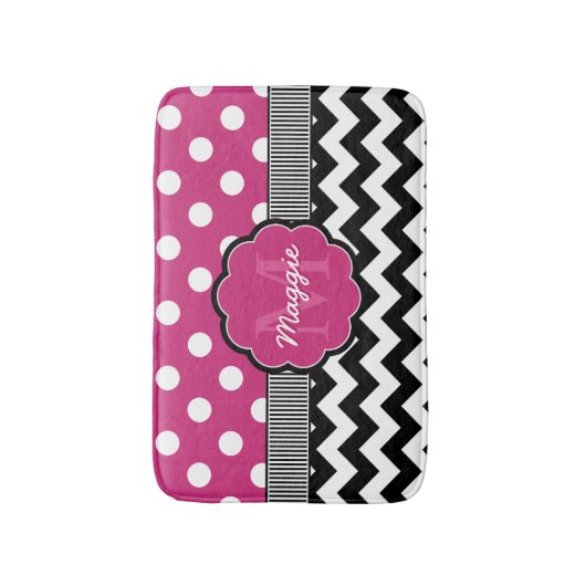 Roze poka Dots Black Chevron Monogram Badmat (Voorkant Verticaal)