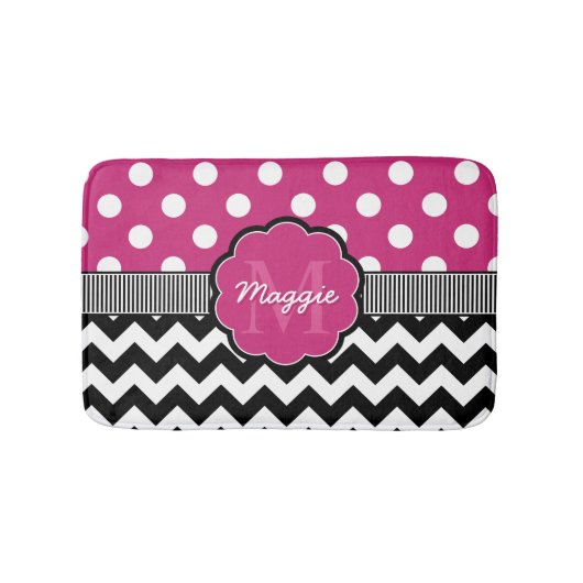 Roze poka Dots Black Chevron Monogram Badmat (Voorkant)