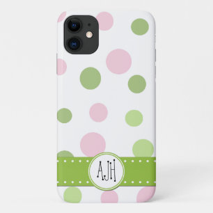 Roze poka Dots, Green Polka Dots, Monogram iPhone 11 Hoesje