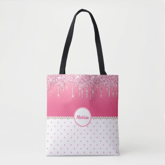 Roze poka Dots & Silver Glitter Drips Monogramed Tote Bag (Voorkant)