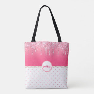 Roze poka Dots & Silver Glitter Drips Monogramed Tote Bag