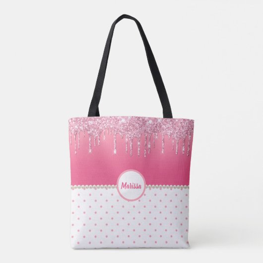 Roze poka Dots & Silver Glitter Drips Monogramed Tote Bag (Achterkant)