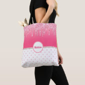 Roze poka Dots & Silver Glitter Drips Monogramed Tote Bag (Dichtbij)